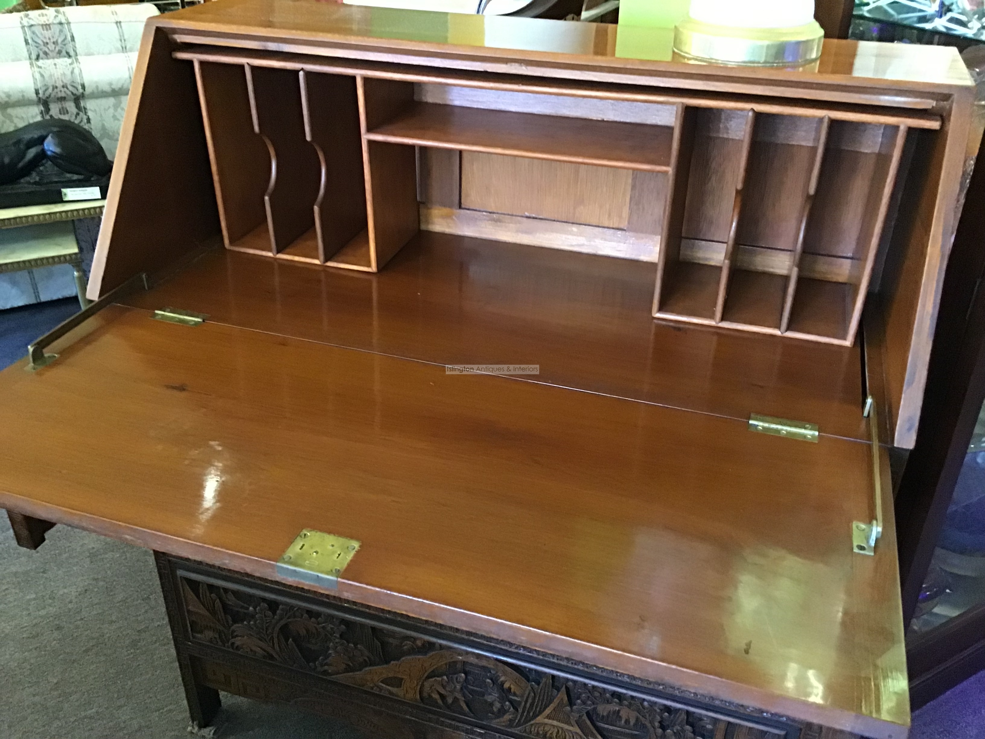 CARVED ORIENTAL DROP FRONT DESK Islington Antiques and Interiors