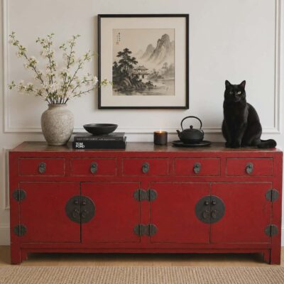ASIAN 4 DOOR RED LACQUERWARE SIDEBOARD