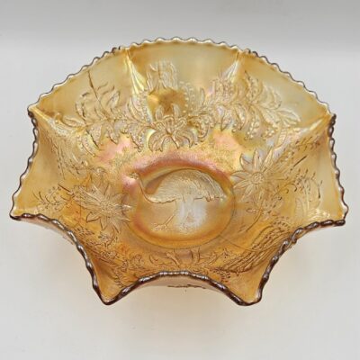 AUSTRALIAN CARNIVAL GLASS EMU MASTER BOWL MARIGOLD
